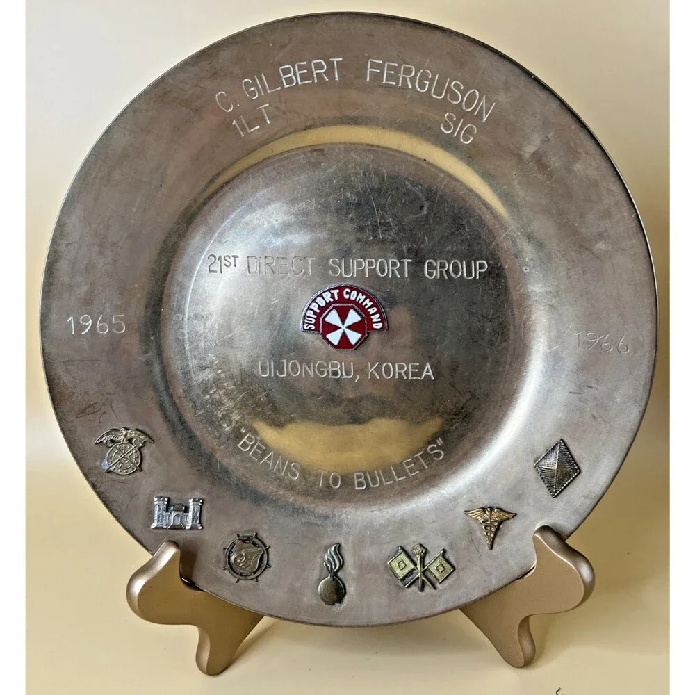 Vintage US Army Military Brass Tray with 7 Emblems- Support Command Korea 8.75